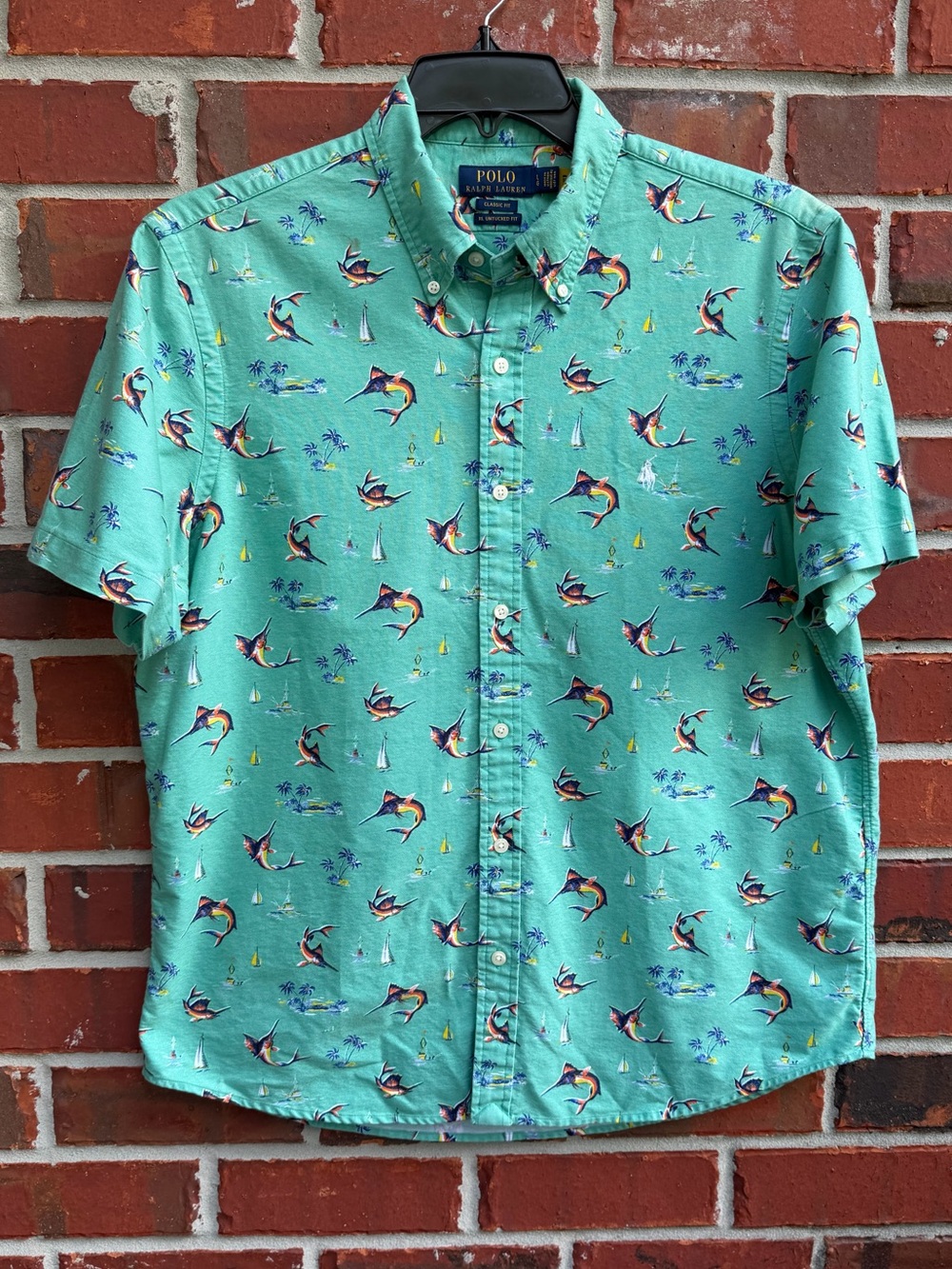 Polo Ralph Lauren Men's L Classic-Fit Marlin Print Oxford Short-Sleeve Shirt P7